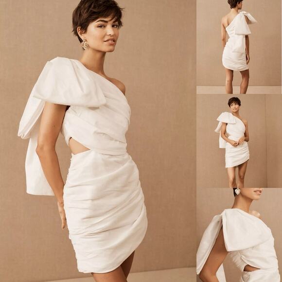 Helen O' Connor One Shoulder Bow Cut out Wedding Mini Dress - Picture 1 of 16